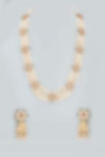 Gold Finish Long Necklace Set With Kundan Polki by Mortantra