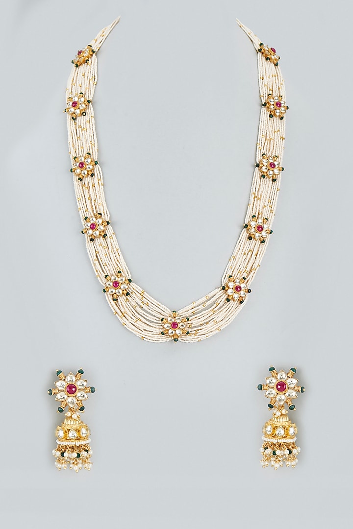 Gold Finish Long Necklace Set With Kundan Polki by Mortantra