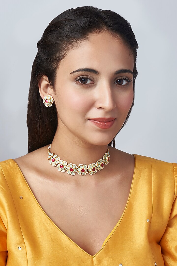 Gold Finish Choker Necklace Set With Multi-Colored Stones by Mortantra