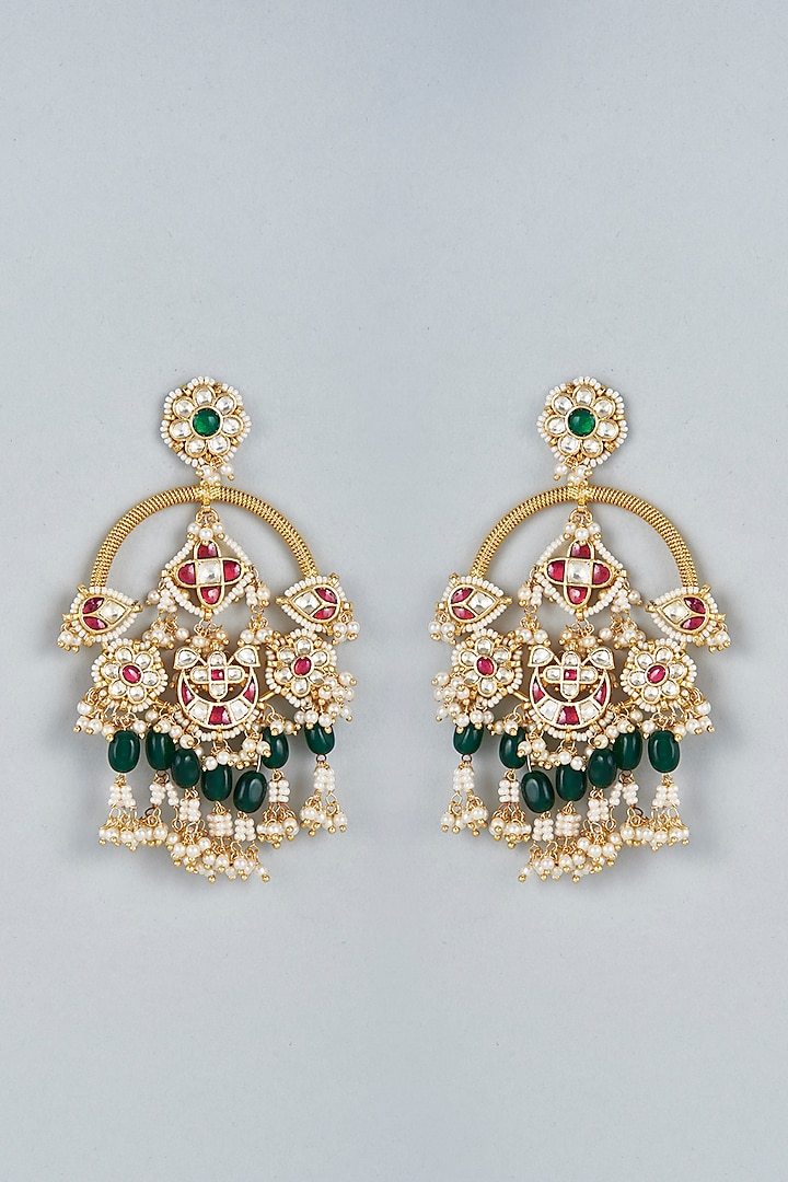 Gold Finish Multi-Colored Stone Chandabali Earrings by Mortantra