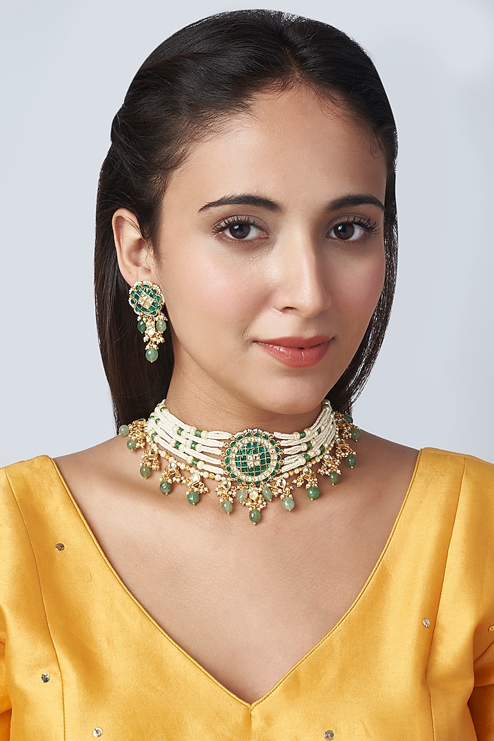 Gold Finish Green Stone Choker Necklace Set by Mortantra