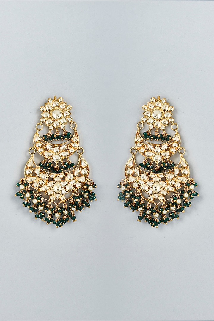 Gold Finish Dark Green Stone Chandabali Earrings by Mortantra