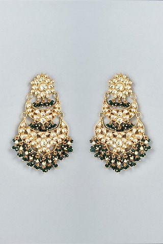 Gold Finish Dark Green Stone Chandabali Earrings by Mortantra