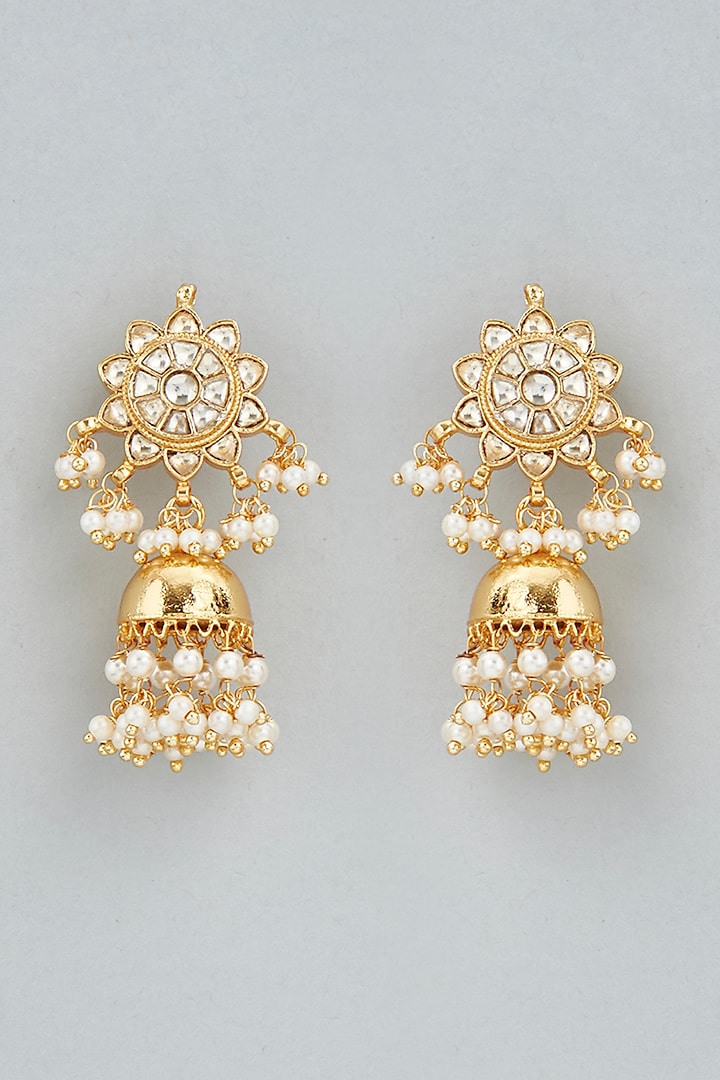 Gold Finish Kundan Polki Earrings by Mortantra