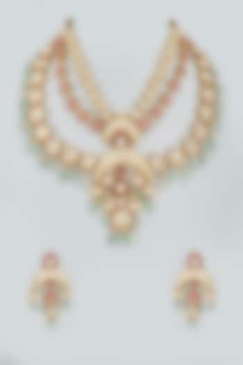 Gold Finish Multi-Colored Stones Long Necklace Set by Mortantra
