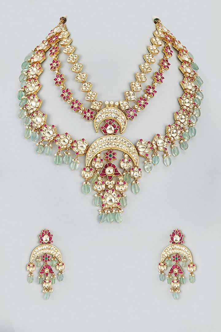 Gold Finish Multi-Colored Stones Long Necklace Set by Mortantra at Pernia's Pop Up Shop