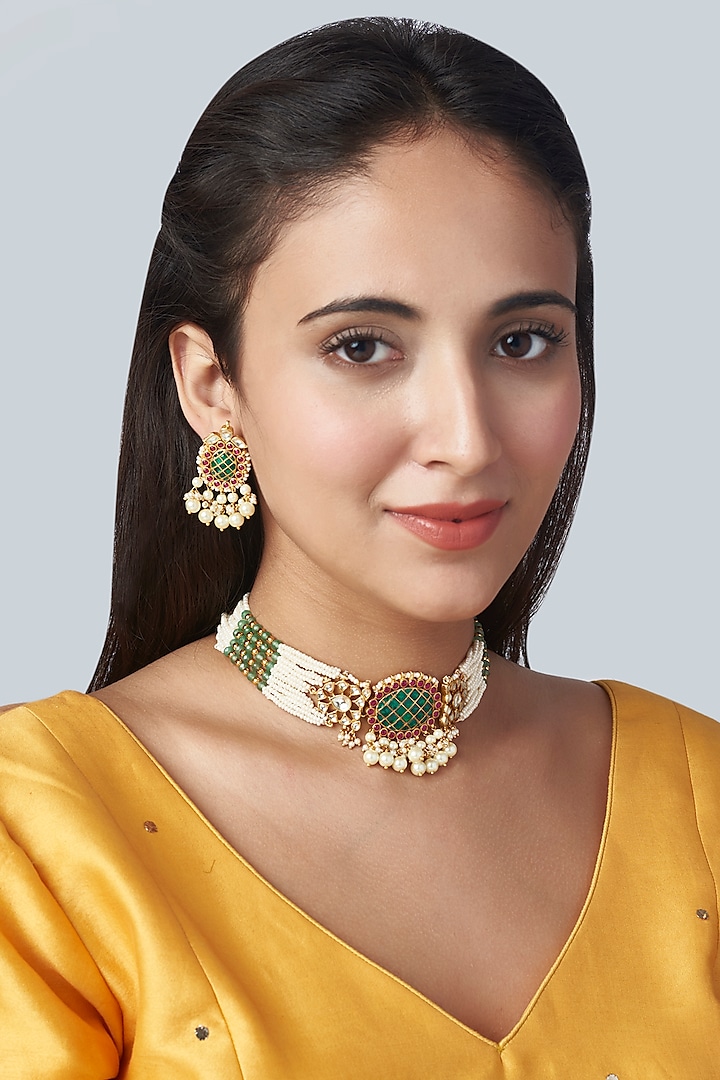 Gold Finish Choker Necklace Set With Multi-Colored Stones by Mortantra