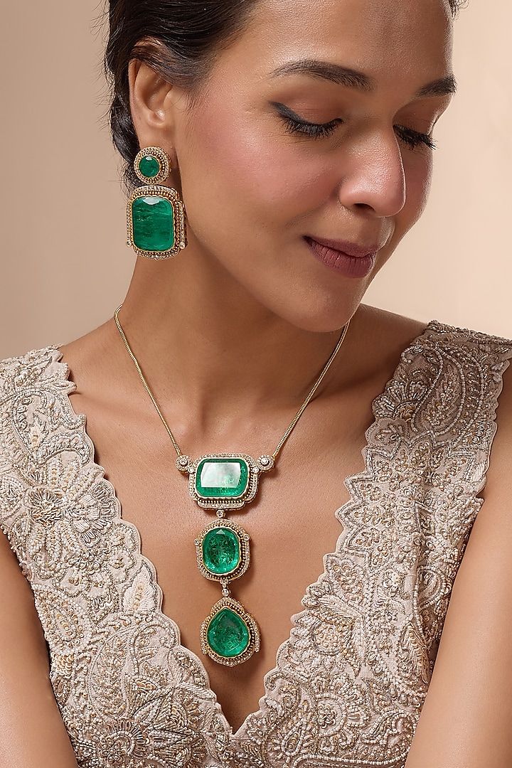 Gold Finish Green Faux Polki Necklace Set by Mortantra at Pernia's Pop Up Shop