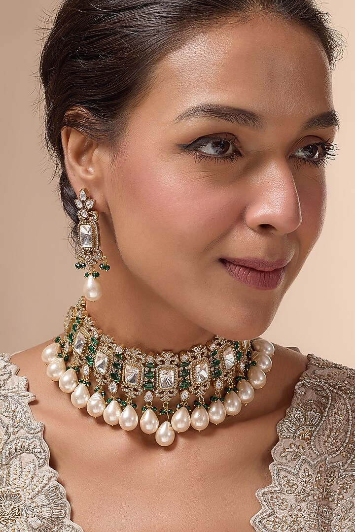 Gold Finish Faux Polki Necklace Set by Mortantra at Pernia's Pop Up Shop