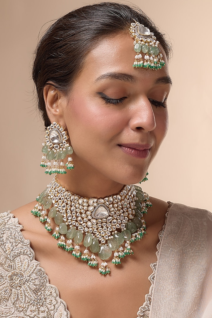 Gold Finish Faux Polki Necklace Set by Mortantra at Pernia's Pop Up Shop