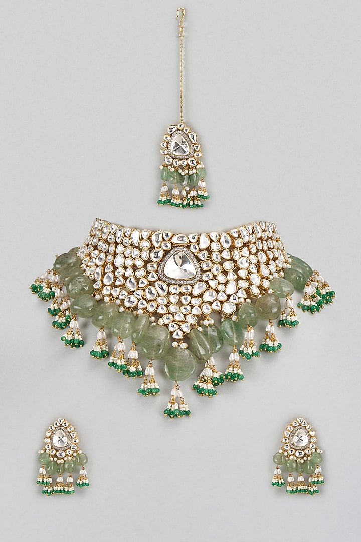 Gold Finish Faux Polki Necklace Set by Mortantra at Pernia's Pop Up Shop