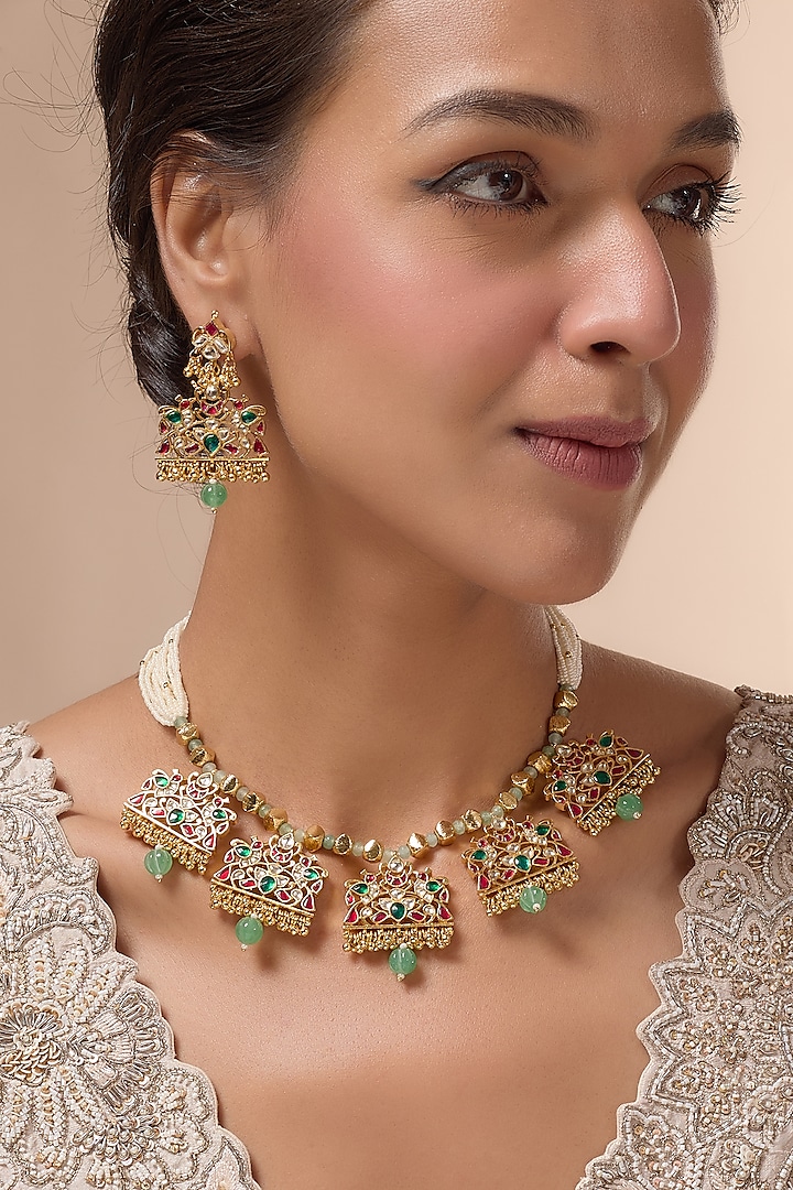 Gold Plated Kundan Polki & Jadau Necklace Set by Mortantra at Pernia's Pop Up Shop