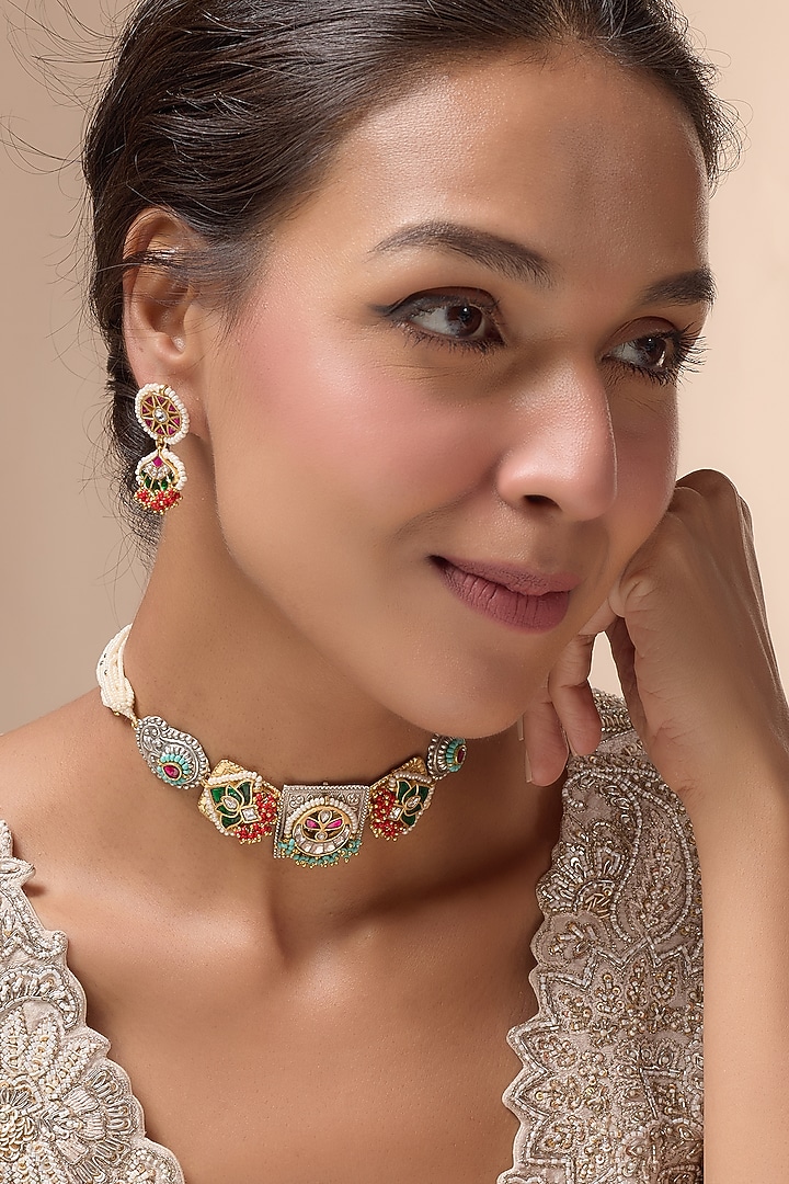 Gold Plated Semi-Precious Beaded & Pearl Choker Necklace Set by Mortantra at Pernia's Pop Up Shop