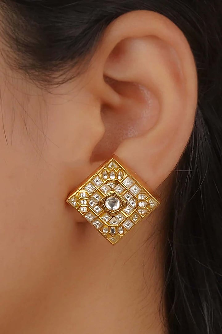 Gold Plated Uncut Polki & Beaded Jadau Stud Earrings by Mortantra at Pernia's Pop Up Shop