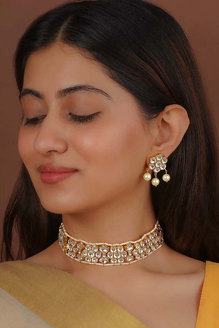 Gold Finish Jadau Kundan Polki Choker Necklace Set by Mortantra at Pernia's Pop Up Shop