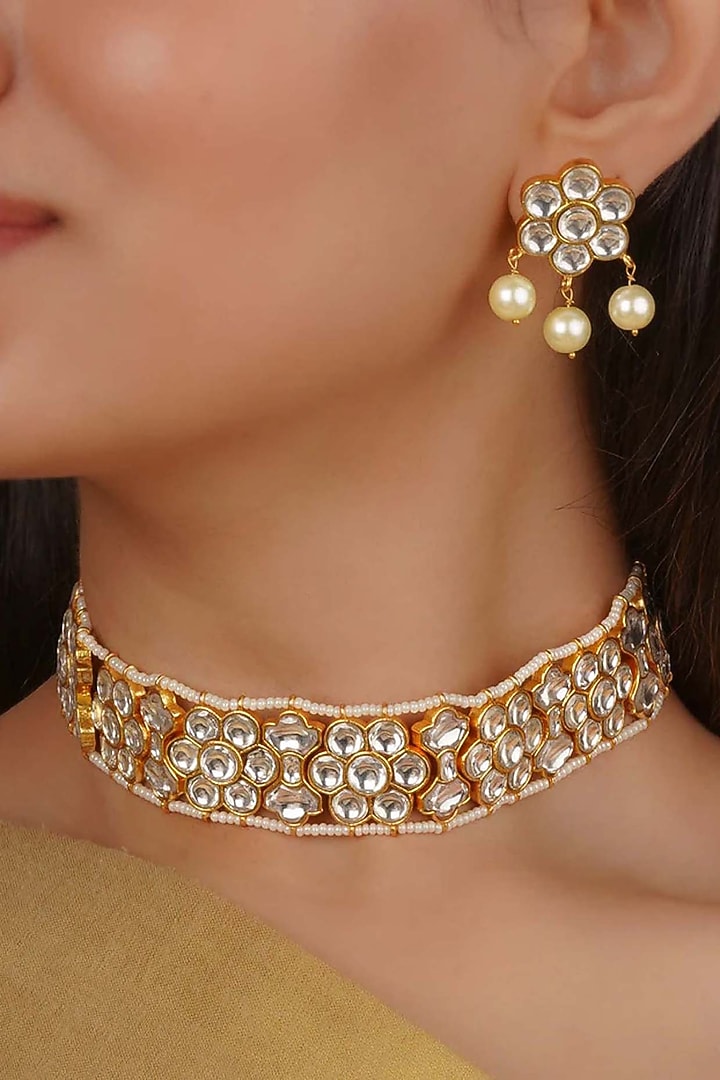 Gold Finish Jadau Kundan Polki Choker Necklace Set by Mortantra at Pernia's Pop Up Shop