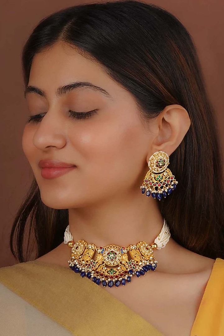 Gold Finish Jadau Kundan Polki Choker Necklace Set by Mortantra at Pernia's Pop Up Shop