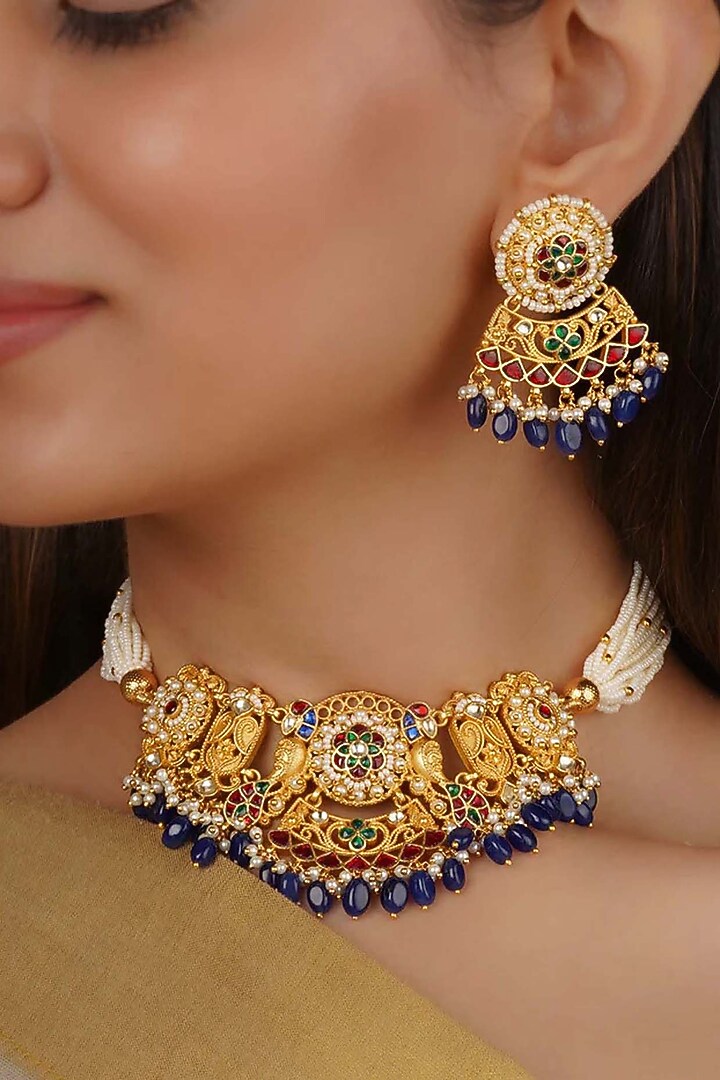 Gold Finish Jadau Kundan Polki Choker Necklace Set by Mortantra at Pernia's Pop Up Shop