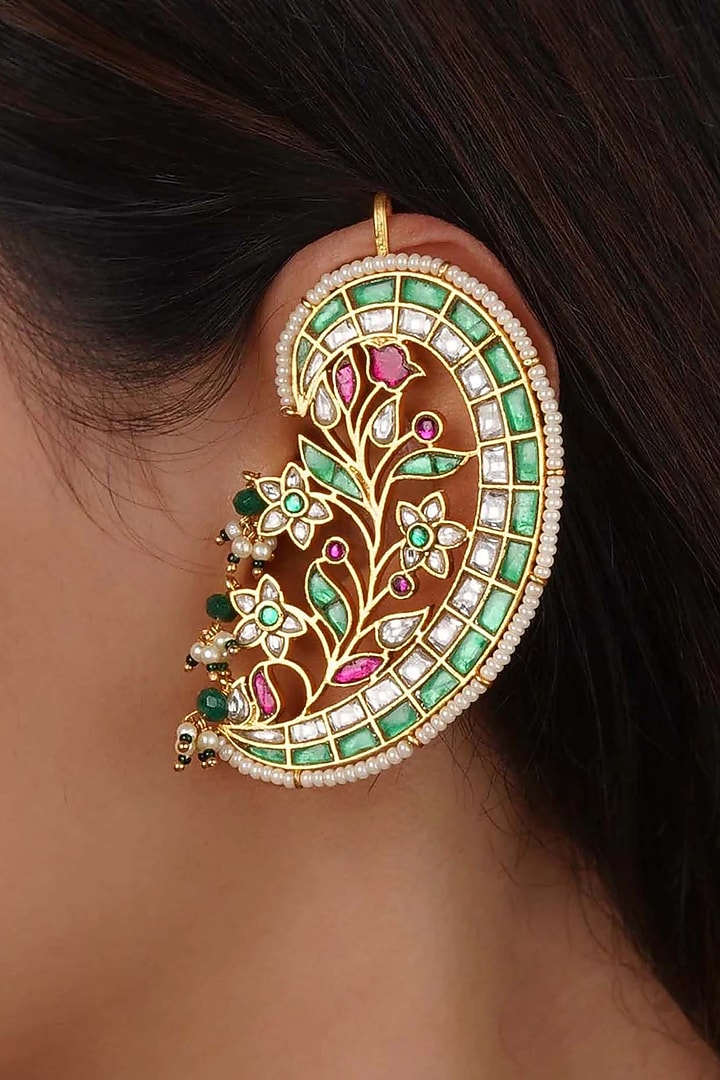 Gold Plated Uncut Polki & Beaded Jadau Earcuffs by Mortantra at Pernia's Pop Up Shop