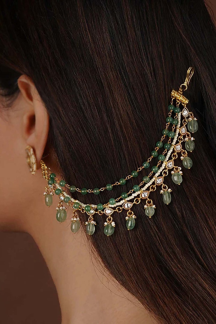 Gold Plated Uncut Polki & Beaded Jadau Stud Earchains by Mortantra at Pernia's Pop Up Shop