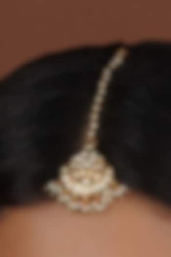 Gold Plated Uncut Polki & Beaded Jadau Maangtikka by Mortantra at Pernia's Pop Up Shop