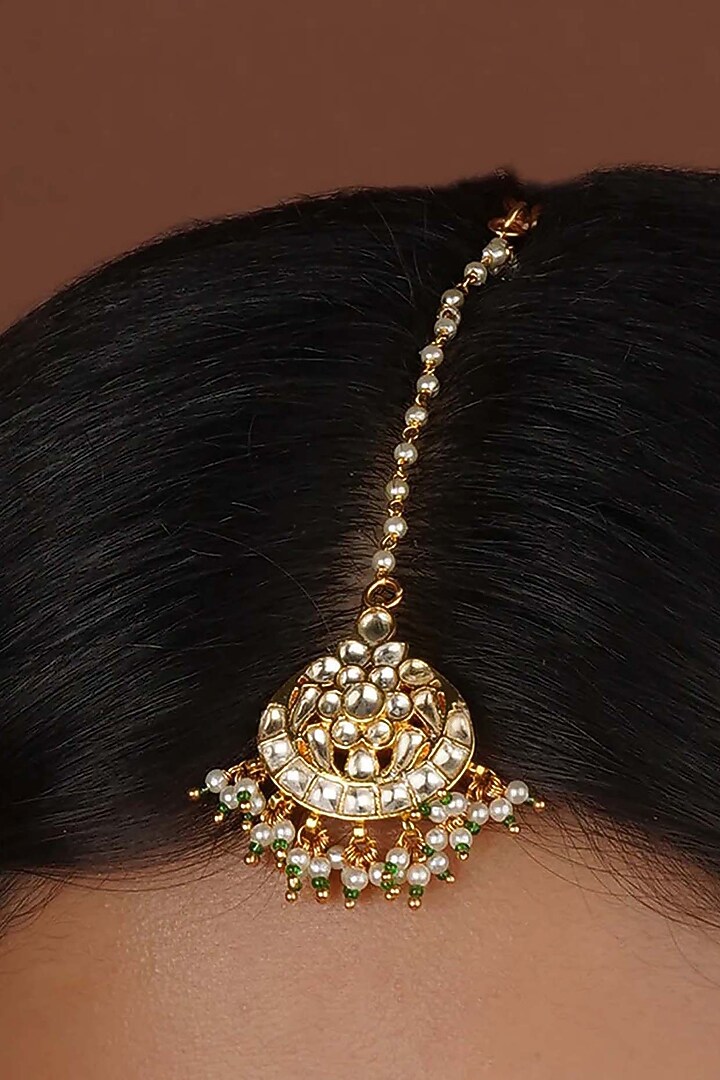 Gold Plated Uncut Polki & Beaded Jadau Maangtikka by Mortantra at Pernia's Pop Up Shop