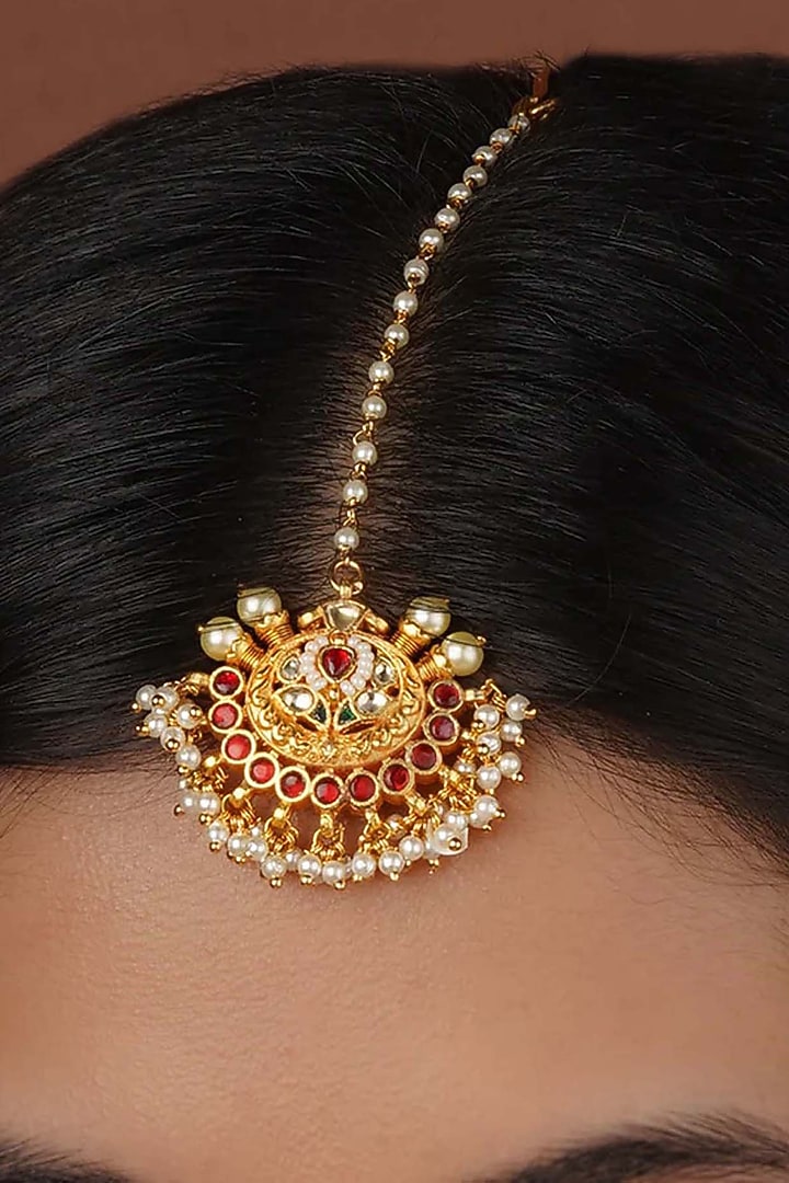 Gold Plated Uncut Polki & Beaded Jadau Maangtikka by Mortantra at Pernia's Pop Up Shop