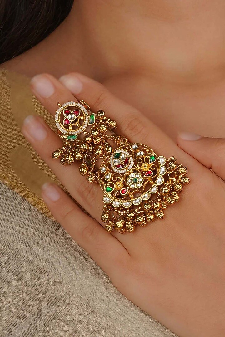 Gold Plated Uncut Polki & Beaded Jadau Ring by Mortantra at Pernia's Pop Up Shop