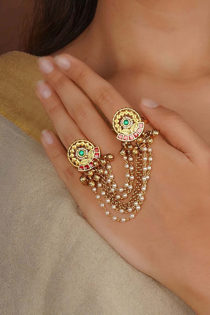 Gold Plated Uncut Polki & Beaded Jadau Ring by Mortantra at Pernia's Pop Up Shop