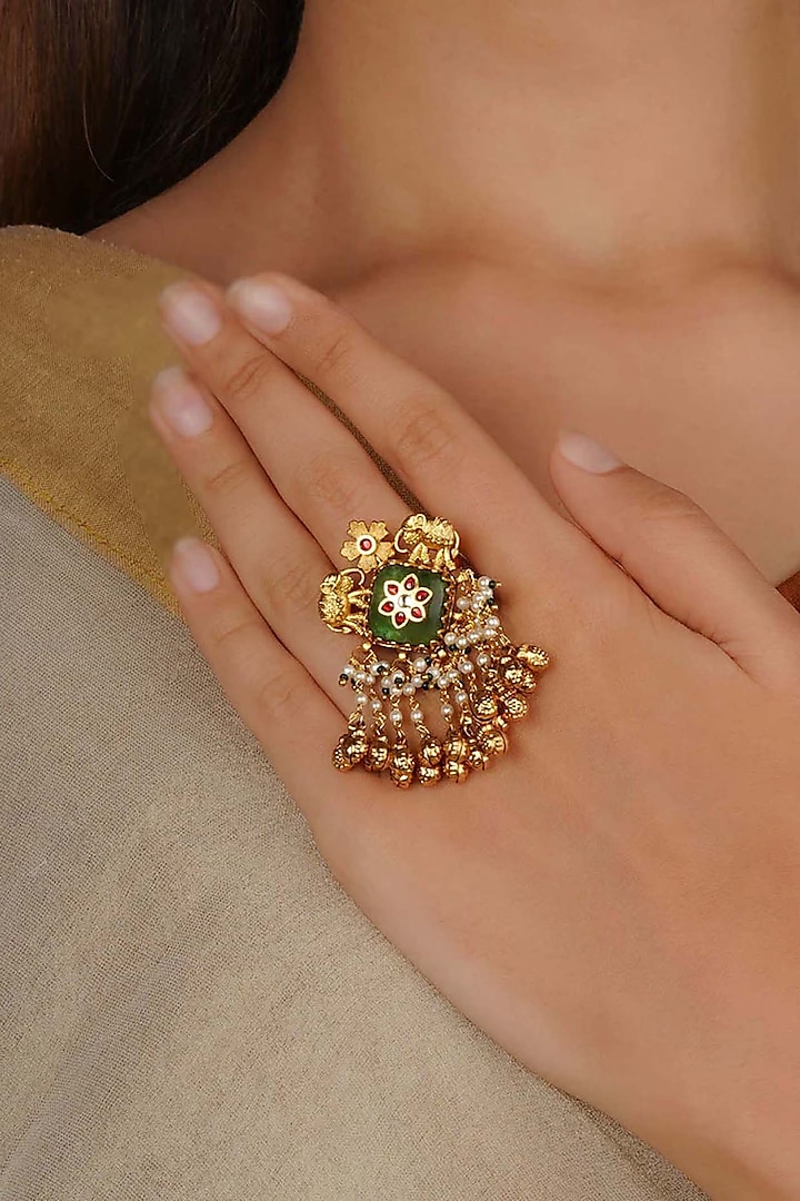 Gold Plated Uncut Polki & Beaded Jadau Ring by Mortantra at Pernia's Pop Up Shop