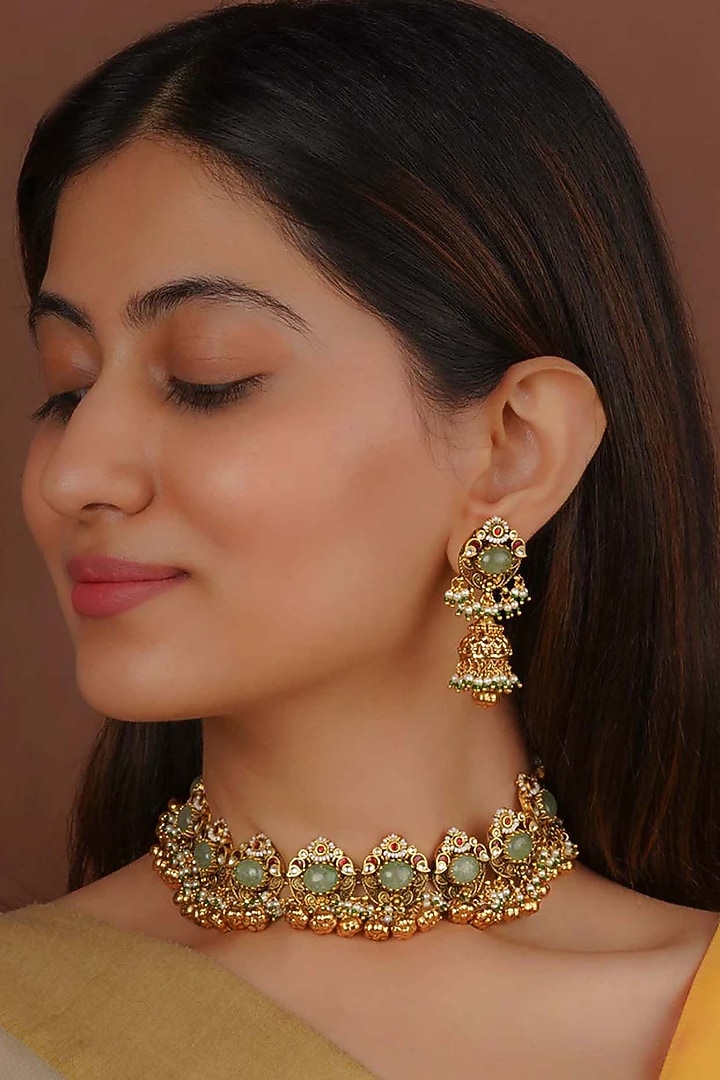 Gold Finish Jadau Kundan Polki Choker Necklace Set by Mortantra at Pernia's Pop Up Shop