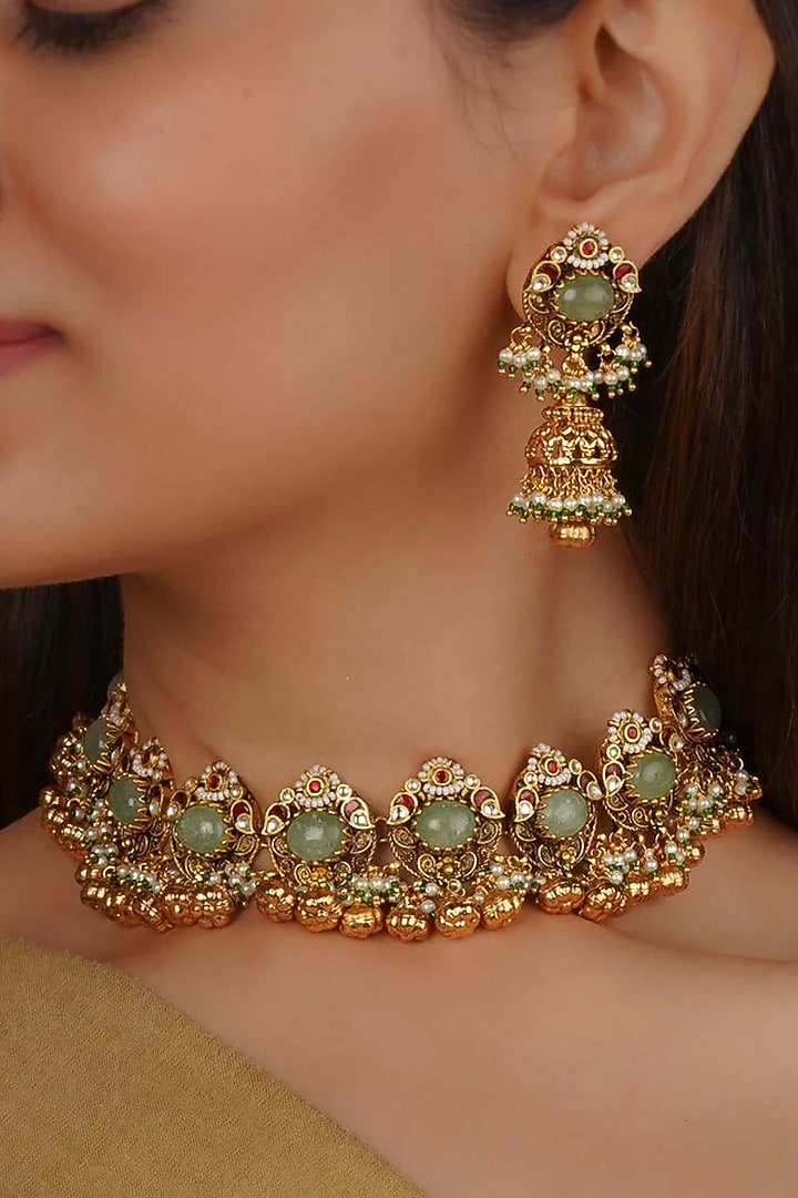 Gold Finish Jadau Kundan Polki Choker Necklace Set by Mortantra at Pernia's Pop Up Shop