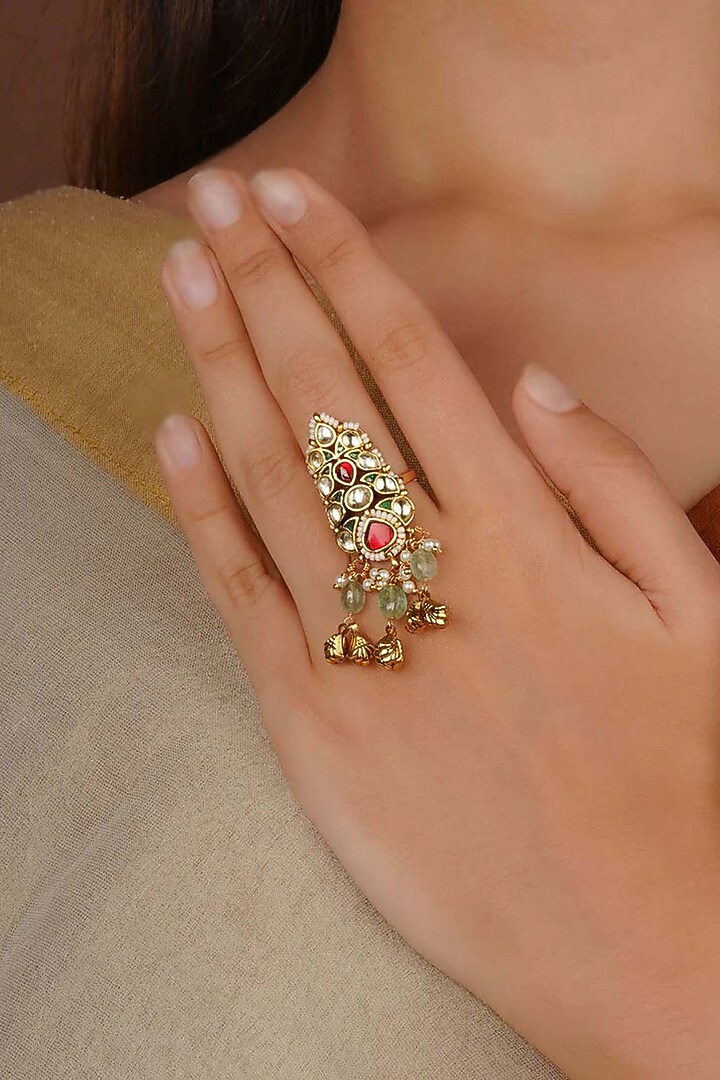 Gold Plated Uncut Polki & Beaded Jadau Ring by Mortantra at Pernia's Pop Up Shop