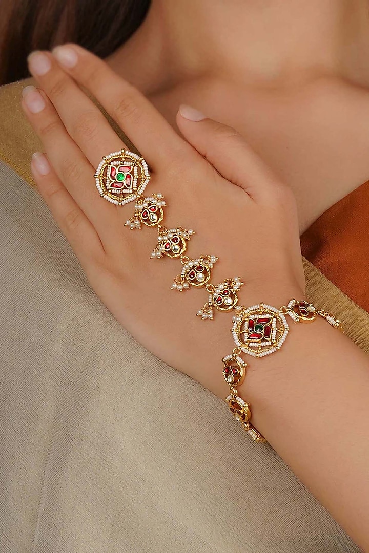 Gold Plated Uncut Polki & Beaded Jadau Haathphool by Mortantra at Pernia's Pop Up Shop