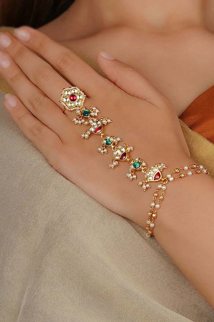 Gold Plated Uncut Polki & Beaded Jadau Haathphool by Mortantra at Pernia's Pop Up Shop