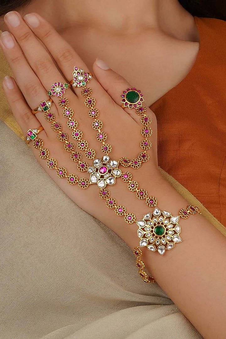 Gold Plated Uncut Polki & Beaded Jadau Haathphool by Mortantra at Pernia's Pop Up Shop