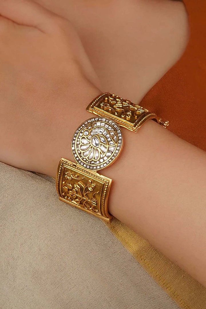 Gold Plated Uncut Polki & Beaded Jadau Bangle by Mortantra at Pernia's Pop Up Shop