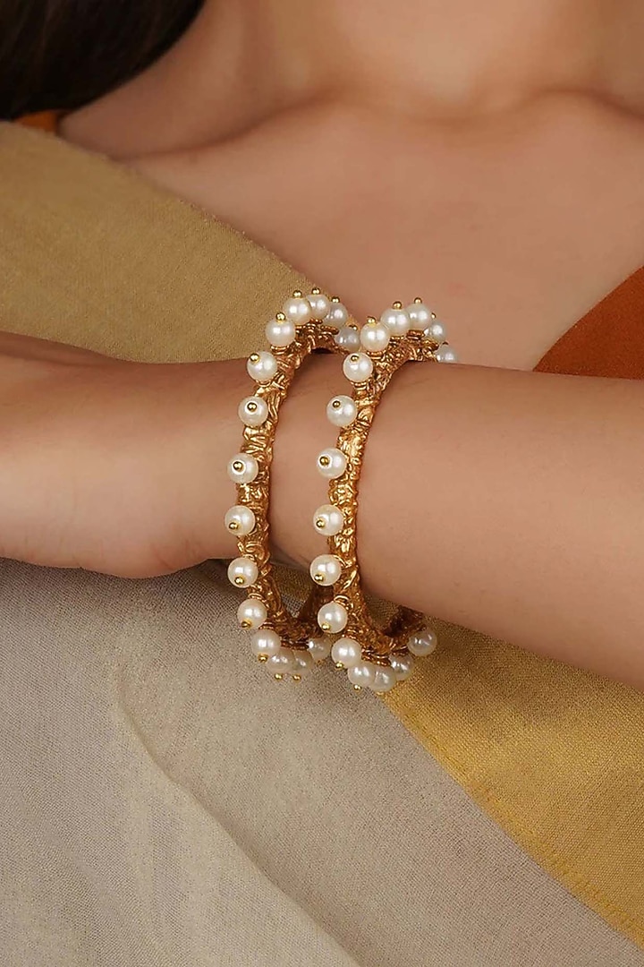Gold Finish Jadau Kundan Polki Bangles (Set Of 2) by Mortantra at Pernia's Pop Up Shop