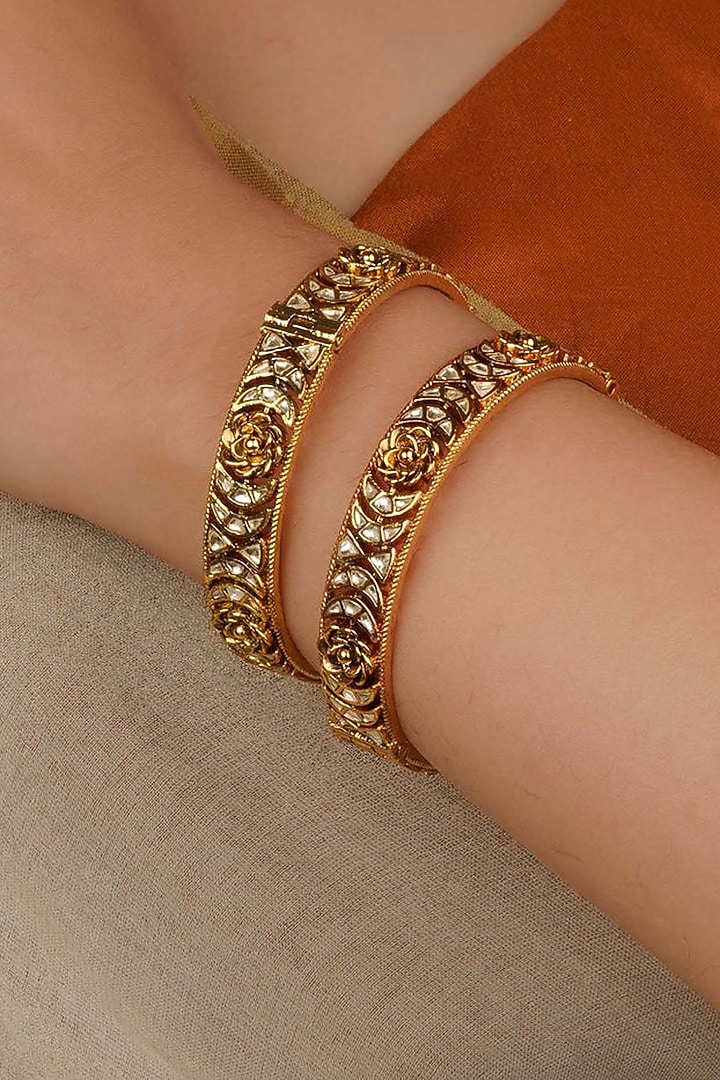 Gold Plated Uncut Polki & Beaded Jadau Bangle (Set Of 2) by Mortantra at Pernia's Pop Up Shop