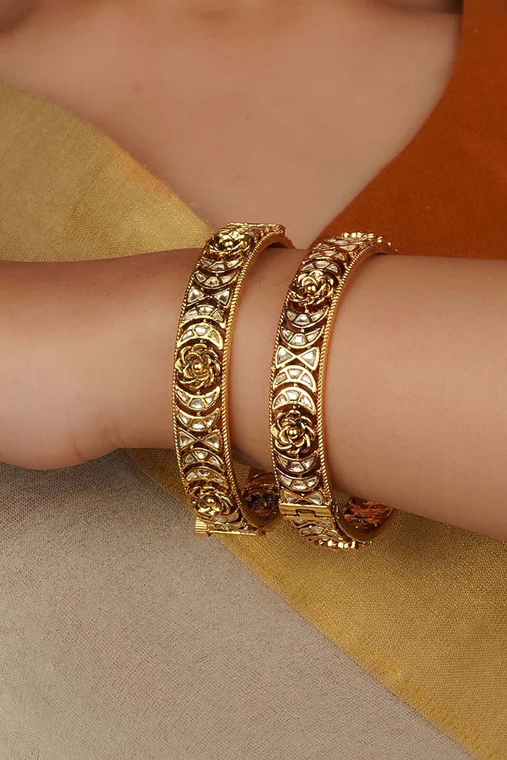 Gold Plated Uncut Polki & Beaded Jadau Bangle (Set Of 2) by Mortantra at Pernia's Pop Up Shop