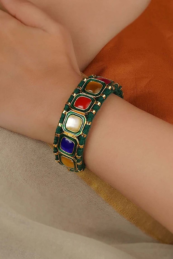 Gold Plated Uncut Polki & Beaded Jadau Bracelet by Mortantra at Pernia's Pop Up Shop