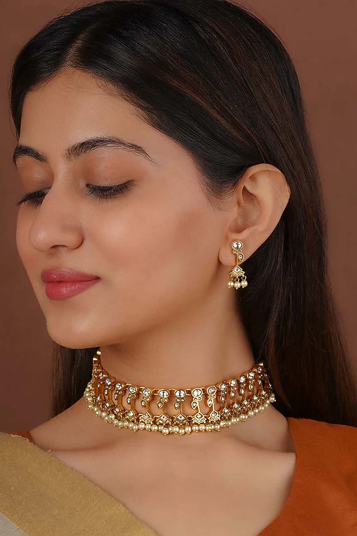 Gold Plated Uncut Polki & Beaded Jadau Choker Necklace Set by Mortantra at Pernia's Pop Up Shop