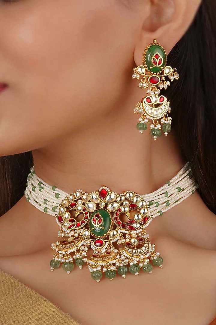 Gold Plated Uncut Polki & Beaded Jadau Choker Necklace Set by Mortantra at Pernia's Pop Up Shop