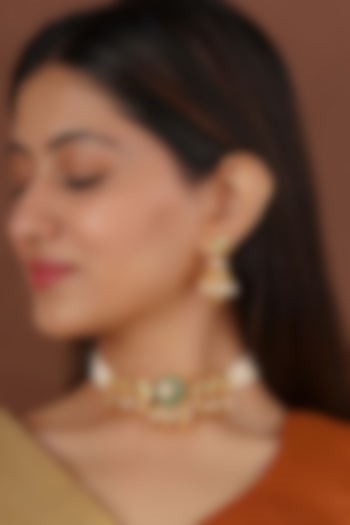 Gold Plated Uncut Polki & Beaded Jadau Choker Necklace Set by Mortantra at Pernia's Pop Up Shop