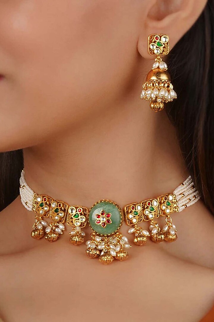 Gold Plated Uncut Polki & Beaded Jadau Choker Necklace Set by Mortantra at Pernia's Pop Up Shop