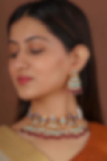 Gold Plated Uncut Polki & Beaded Jadau Choker Necklace Set by Mortantra at Pernia's Pop Up Shop