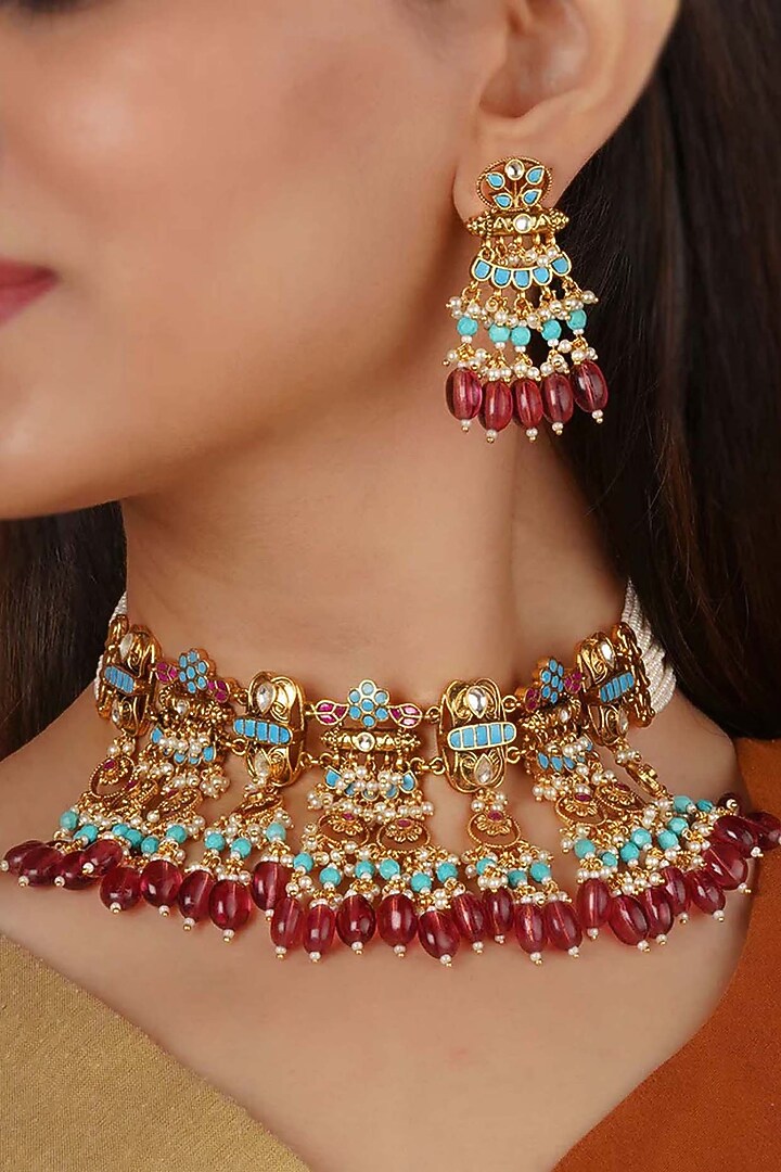 Gold Plated Uncut Polki & Beaded Jadau Choker Necklace Set by Mortantra at Pernia's Pop Up Shop