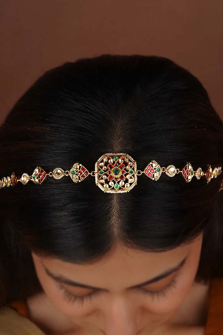 Gold Plated Uncut Polki & Beaded Jadau Mathapatti by Mortantra at Pernia's Pop Up Shop