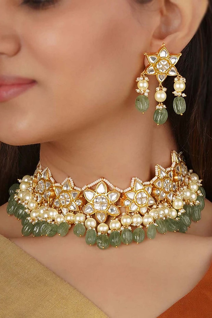 Gold Plated Uncut Polki & Beaded Jadau Choker Necklace Set by Mortantra at Pernia's Pop Up Shop