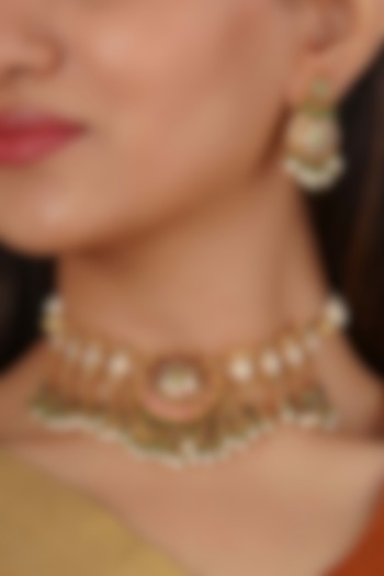 Gold Plated Uncut Polki & Beaded Jadau Choker Necklace Set by Mortantra at Pernia's Pop Up Shop